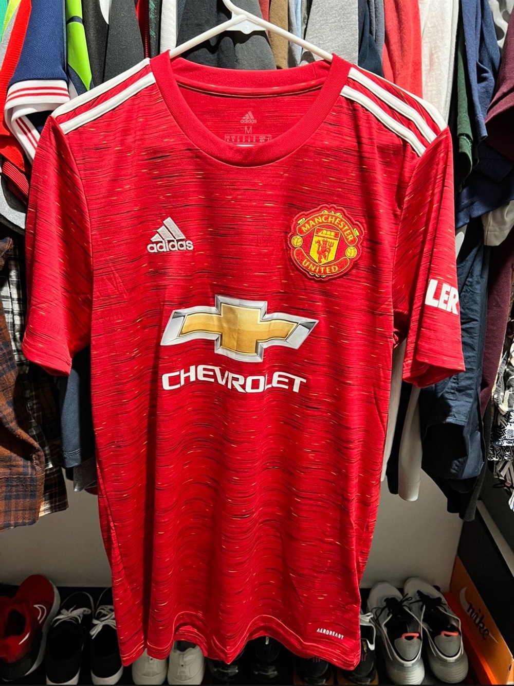 adidas Red Manchester United Home Soccer Jersey with White Stripes